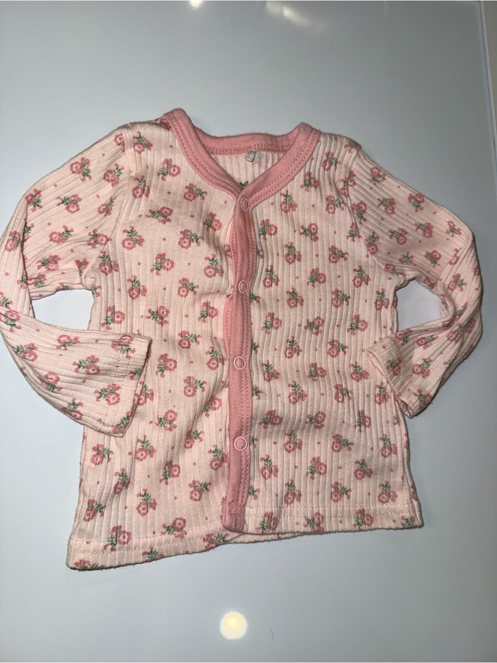 Girls Pink Floral Ribbed Button-Front Cardigan